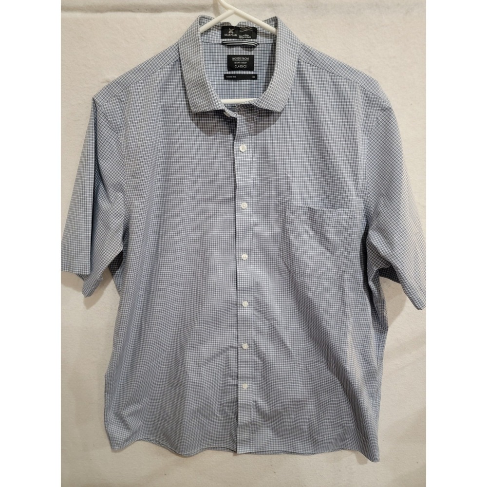 Nordstrom Men's‎ Shop Classics Shirt XL Blue White Check Smartcare Short Sleeve